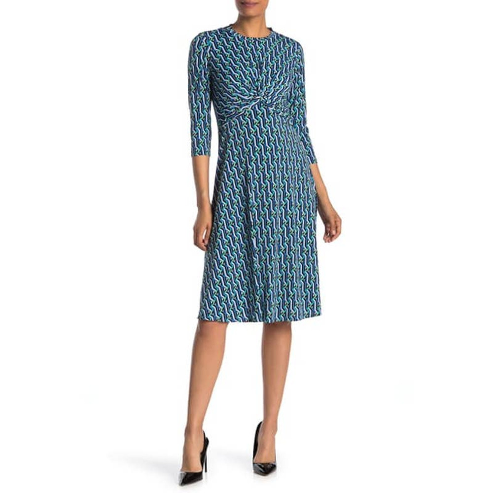 Donna Morgan Twist Front Geometric Print Midi Dress Blue Green Women's 0 4 6 12